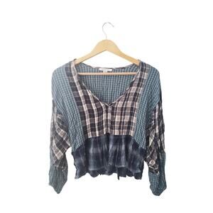 American Eagle Cropped Plaid Babydoll Top Blouse Blue Size Large